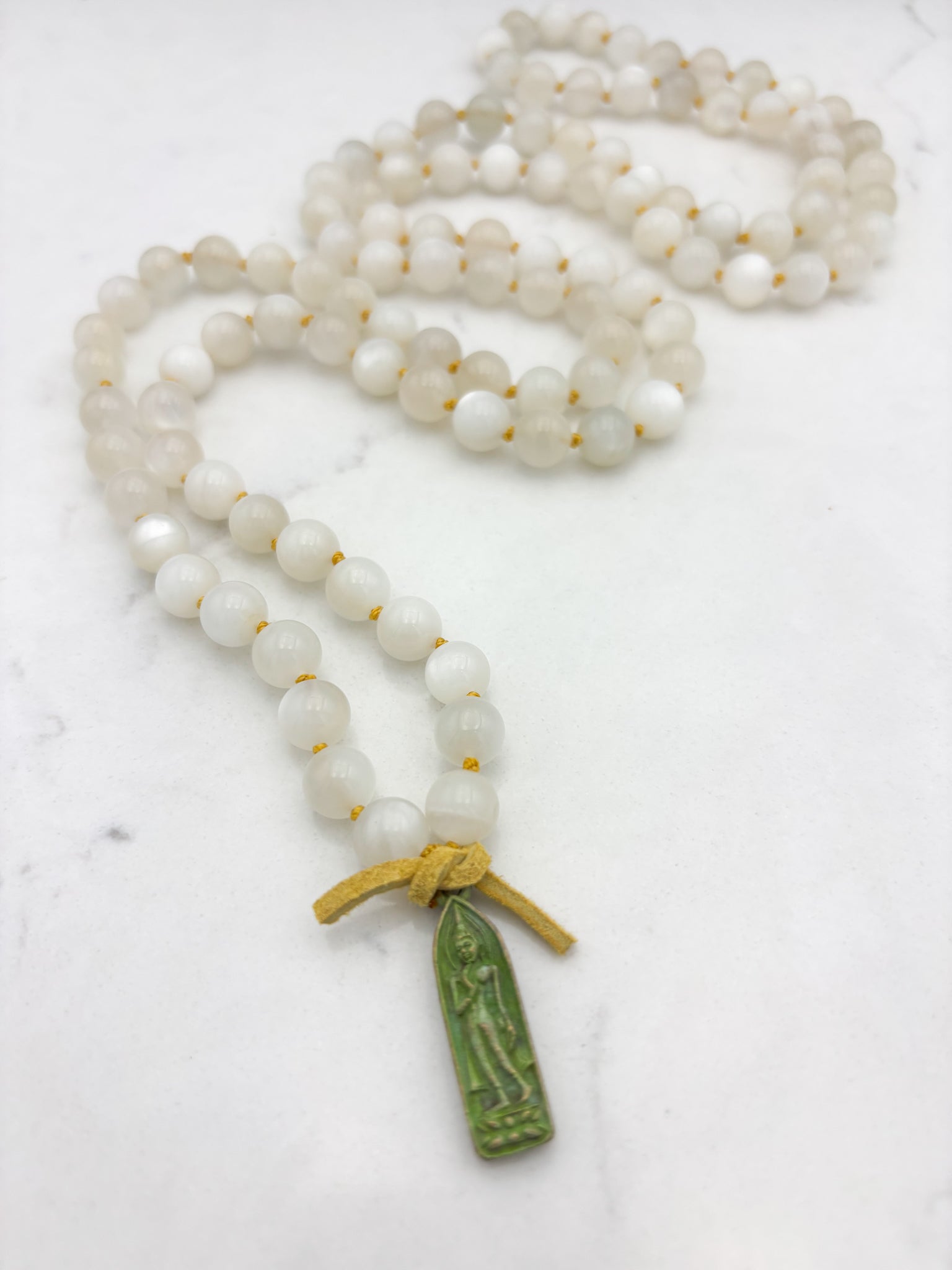 moonstone gemstone mala with verdigris brass  buddha pendant | radiant malas | handmade in boulder, colorado
