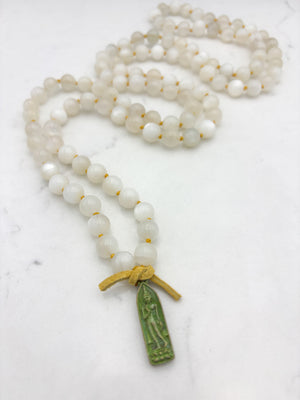 moonstone gemstone mala with verdigris brass  buddha pendant | radiant malas | handmade in boulder, colorado