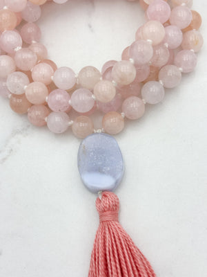 morganite gemstone mala with blue lace agate guru bead and peach tassel | radiant malas | handmade in boulder, colorado
