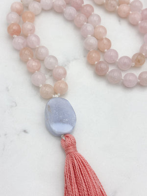 morganite gemstone mala with blue lace agate guru bead and peach tassel | radiant malas | handmade in boulder, colorado