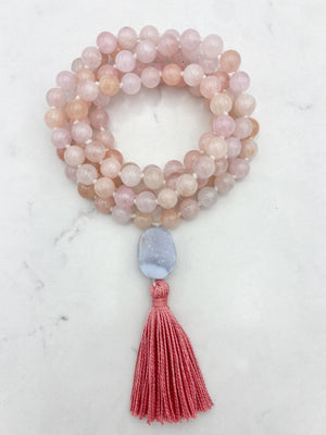 morganite gemstone mala with blue lace agate guru bead and peach tassel | radiant malas | handmade in boulder, colorado
