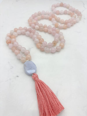 morganite gemstone mala with blue lace agate guru bead and peach tassel | radiant malas | handmade in boulder, colorado