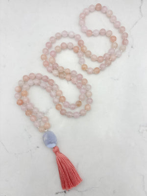 morganite gemstone mala with blue lace agate guru bead and peach tassel | radiant malas | handmade in boulder, colorado