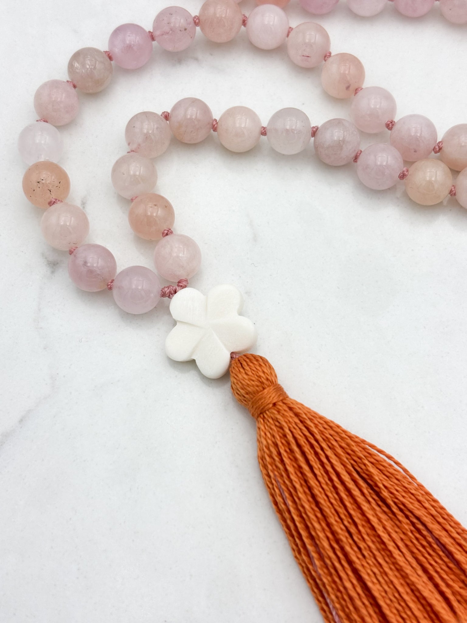 morganite gemstone mala necklace with flower guru bead and orange tassel | radiant malas | handmade in boulder,colorado