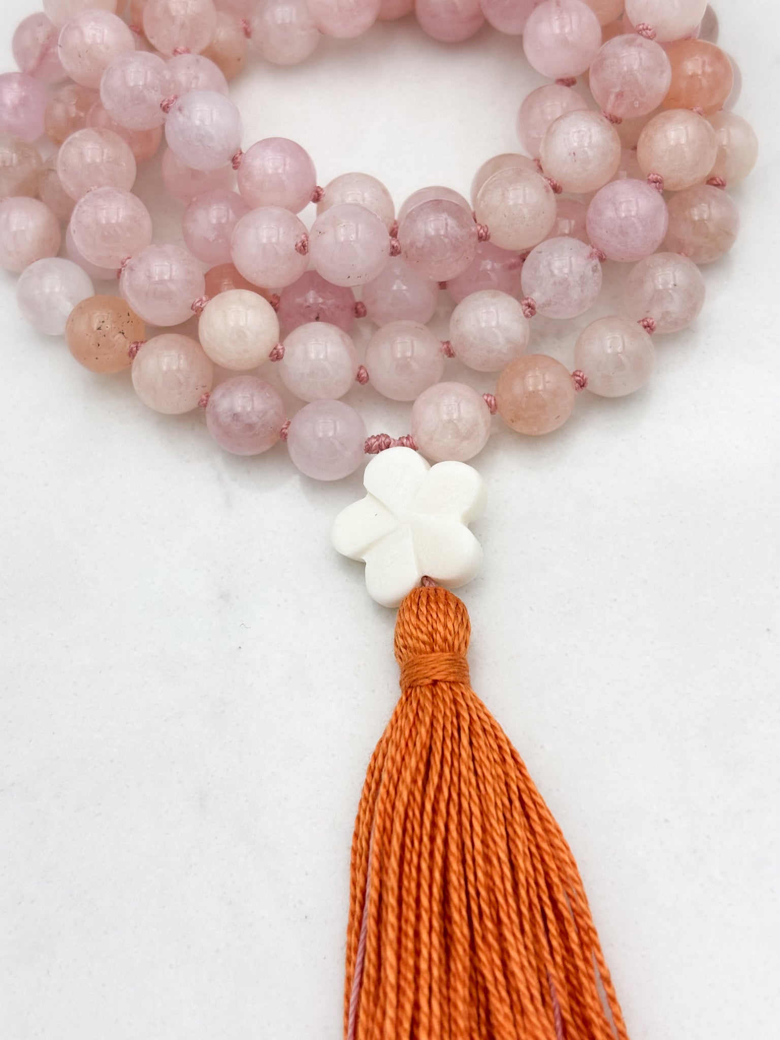 morganite gemstone mala necklace with flower guru bead and orange tassel | radiant malas | handmade in boulder,colorado