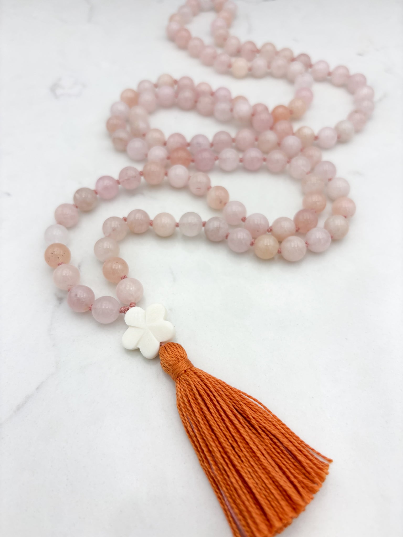 morganite gemstone mala necklace with flower guru bead and orange tassel | radiant malas | handmade in boulder,colorado