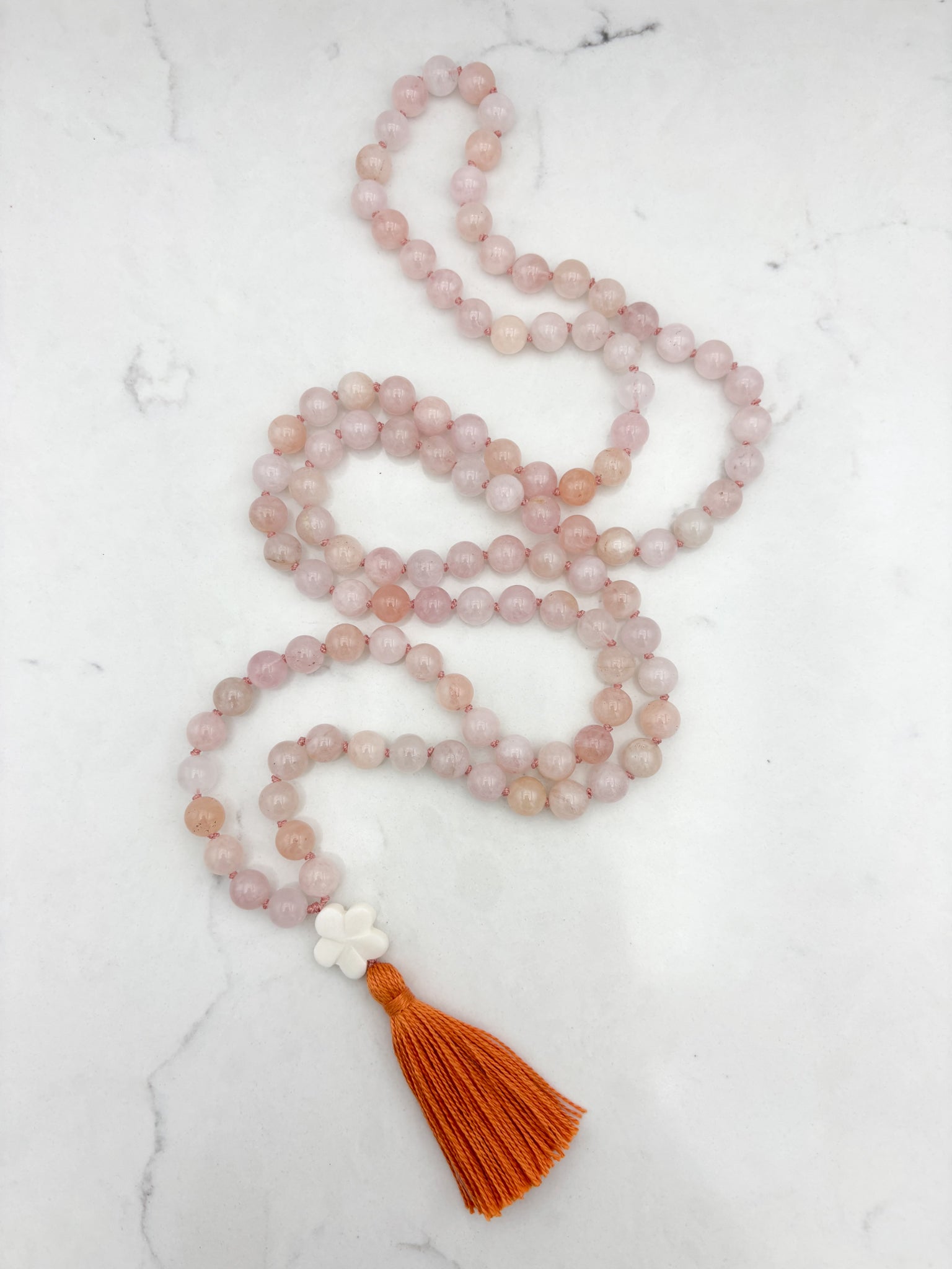 morganite gemstone mala necklace with flower guru bead and orange tassel | radiant malas | handmade in boulder,colorado