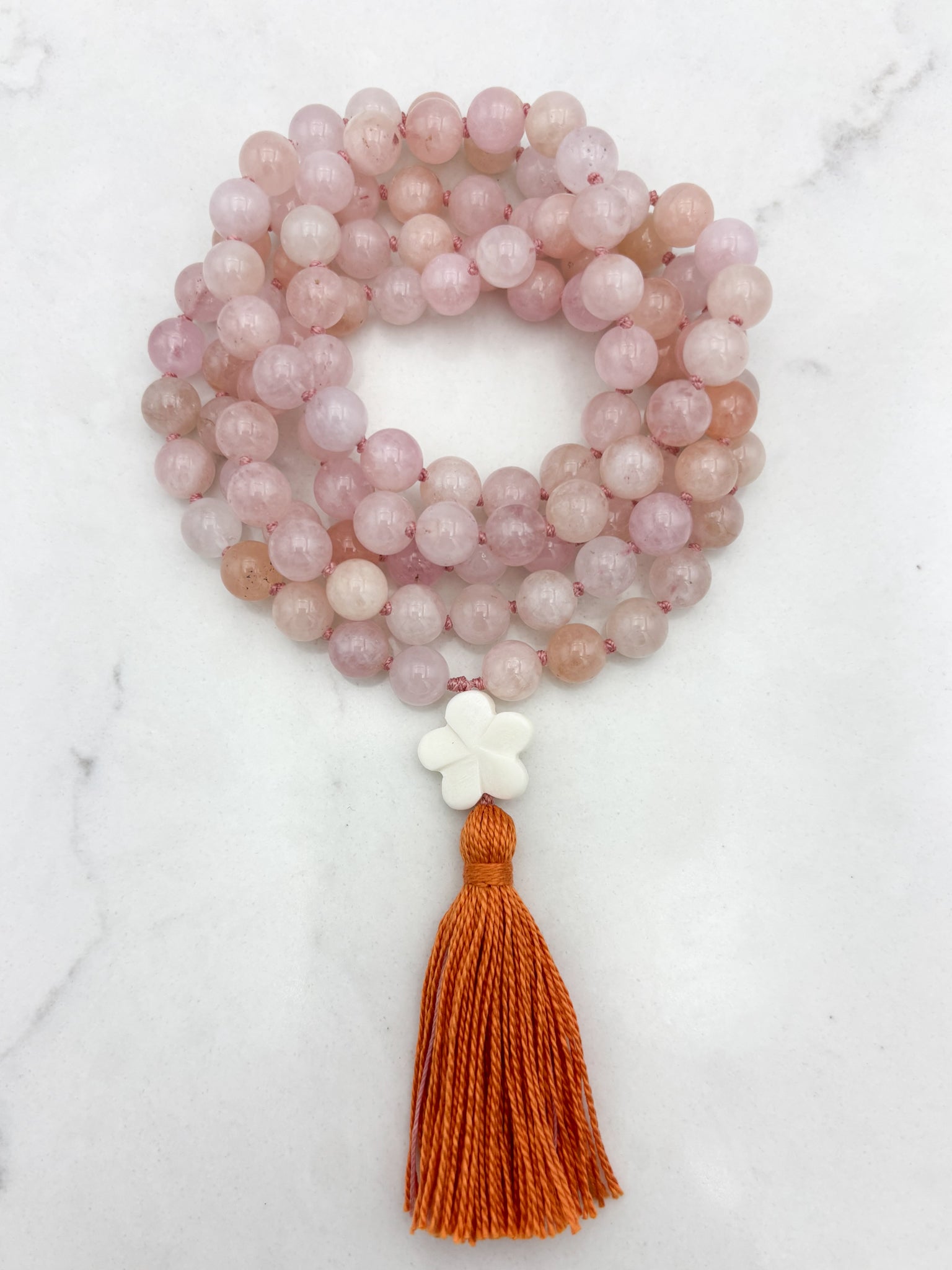 morganite gemstone mala necklace with flower guru bead and orange tassel | radiant malas | handmade in boulder,colorado