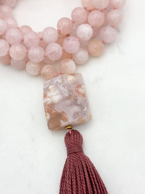 morganite gemstone mala with cherry blossom agate guru bead and dark rose tassel | radiant malas | handmade in boulder, colorado