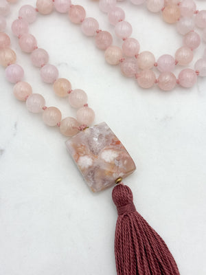 morganite gemstone mala with cherry blossom agate guru bead and dark rose tassel | radiant malas | handmade in boulder, colorado