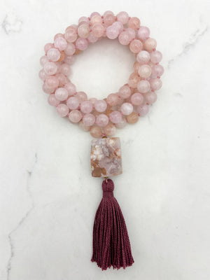 morganite gemstone mala with cherry blossom agate guru bead and dark rose tassel | radiant malas | handmade in boulder, colorado
