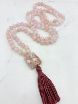 morganite gemstone mala with cherry blossom agate guru bead and dark rose tassel | radiant malas | handmade in boulder, colorado
