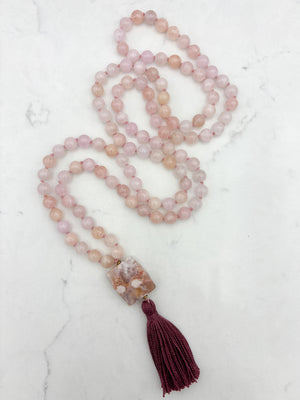 morganite gemstone mala with cherry blossom agate guru bead and dark rose tassel | radiant malas | handmade in boulder, colorado