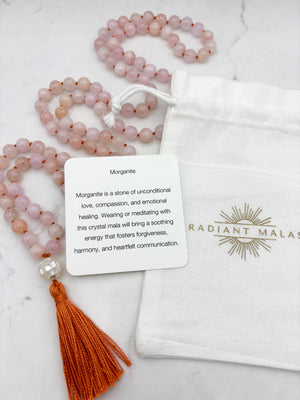 morganite gemstone mala with mosaic mother of pearl guru bead and orange tassel | radiant malas | handmade in boulder, colorado