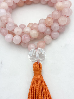 morganite gemstone mala with faceted rock quartz guru bead and orange tassel | radiant malas | handmade in boulder, colorado