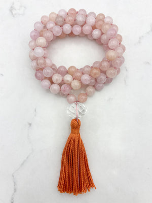 morganite gemstone mala with faceted rock quartz guru bead and orange tassel | radiant malas | handmade in boulder, colorado