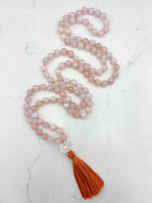 morganite gemstone mala with faceted rock quartz guru bead and orange tassel | radiant malas | handmade in boulder, colorado