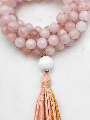 morganite gemstone mala necklace with shell guru bead and pink/gold tassel | radiant malas | handmade in boulder,colorado