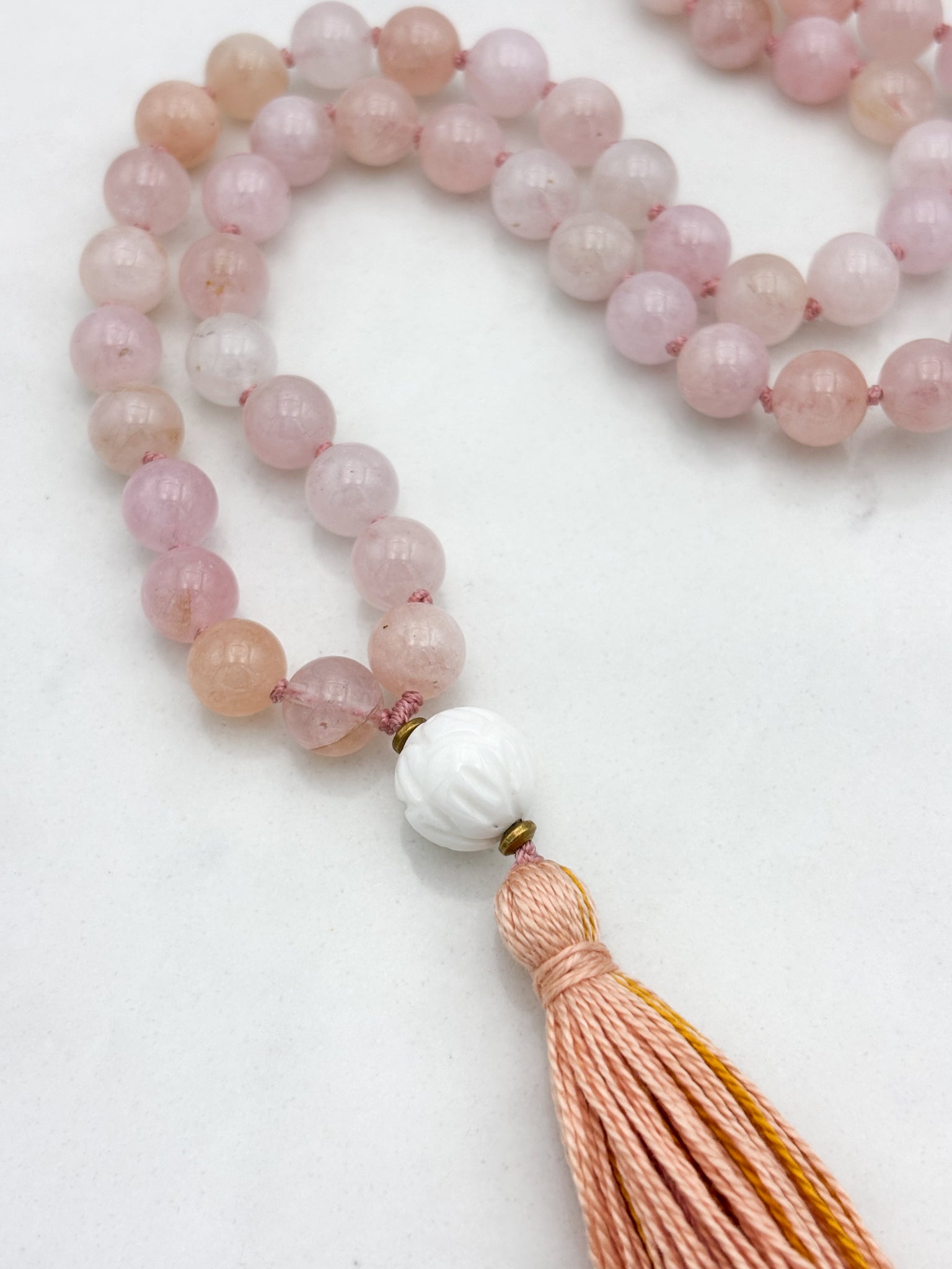 morganite gemstone mala necklace with shell guru bead and pink/gold tassel | radiant malas | handmade in boulder,colorado