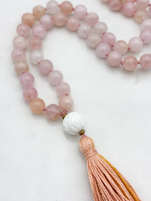 morganite gemstone mala necklace with shell guru bead and pink/gold tassel | radiant malas | handmade in boulder,colorado