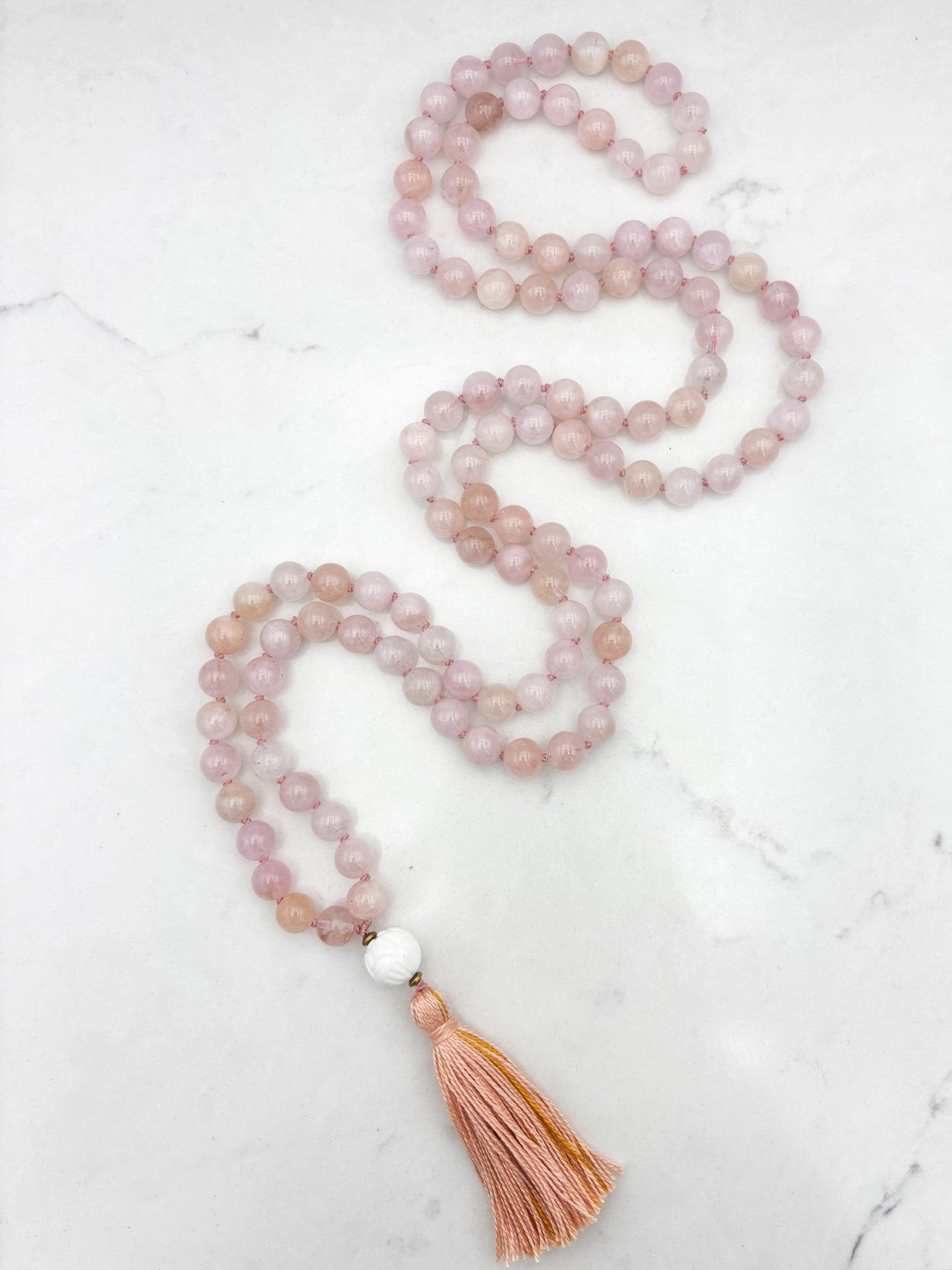morganite gemstone mala necklace with shell guru bead and pink/gold tassel | radiant malas | handmade in boulder,colorado