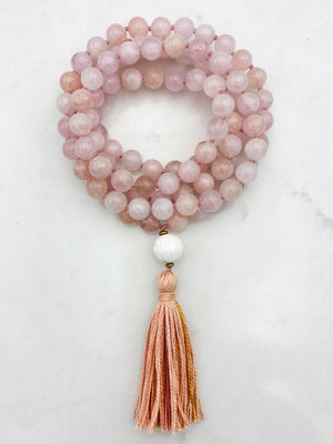 morganite gemstone mala necklace with shell guru bead and pink/gold tassel | radiant malas | handmade in boulder,colorado
