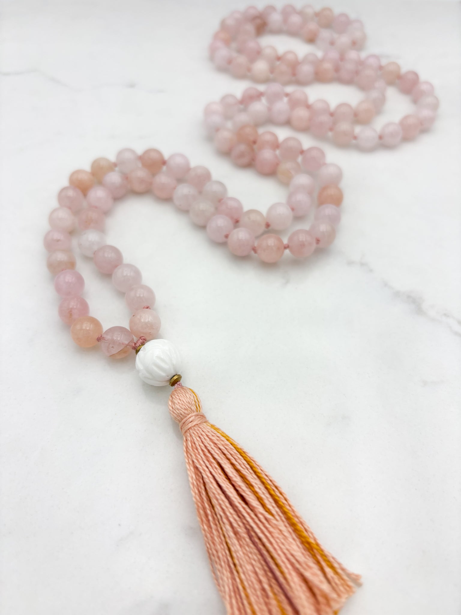 morganite gemstone mala necklace with shell guru bead and pink/gold tassel | radiant malas | handmade in boulder,colorado