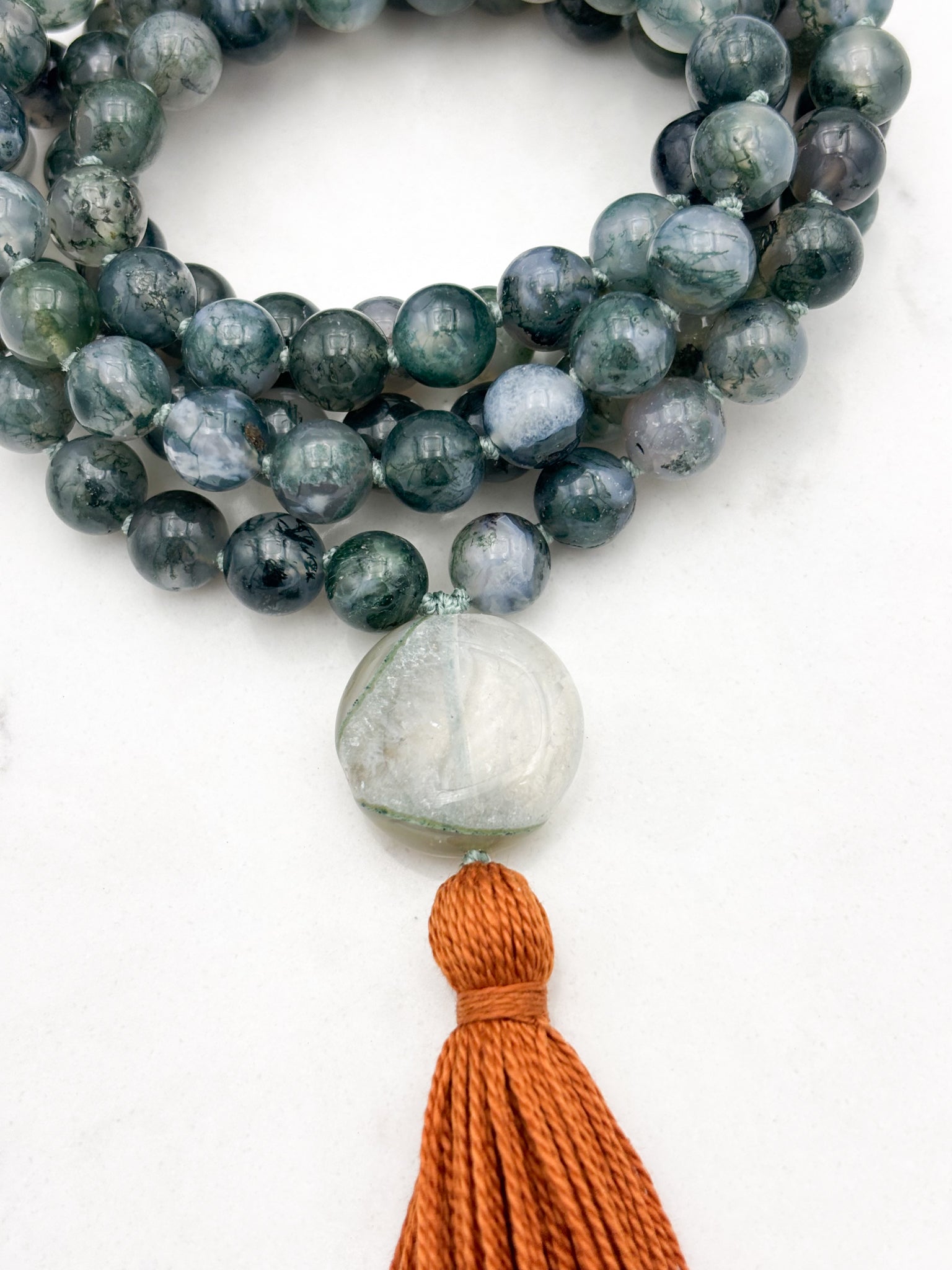 moss agate gemstone mala with agate guru bead and orange tassel | radiant malas | handmade in boulder, colorado