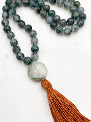 moss agate gemstone mala with agate guru bead and orange tassel | radiant malas | handmade in boulder, colorado