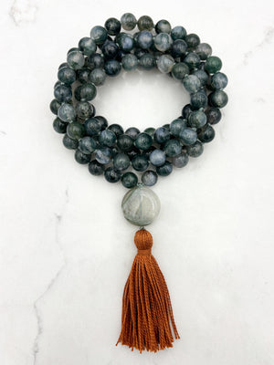 moss agate gemstone mala with agate guru bead and orange tassel | radiant malas | handmade in boulder, colorado
