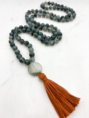 moss agate gemstone mala with agate guru bead and orange tassel | radiant malas | handmade in boulder, colorado