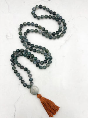 moss agate gemstone mala with agate guru bead and orange tassel | radiant malas | handmade in boulder, colorado