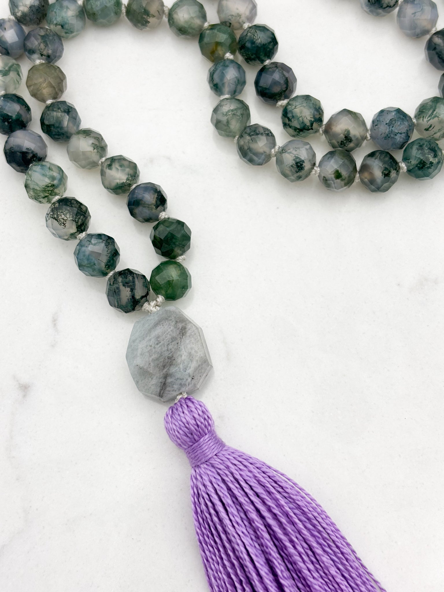 moss agate gemstone mala with aquamarine guru bead and purple tassel | radiant malas | handmade in boulder, colorado