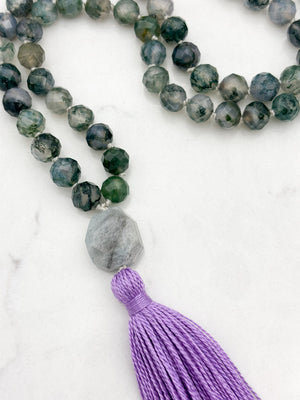 moss agate gemstone mala with aquamarine guru bead and purple tassel | radiant malas | handmade in boulder, colorado