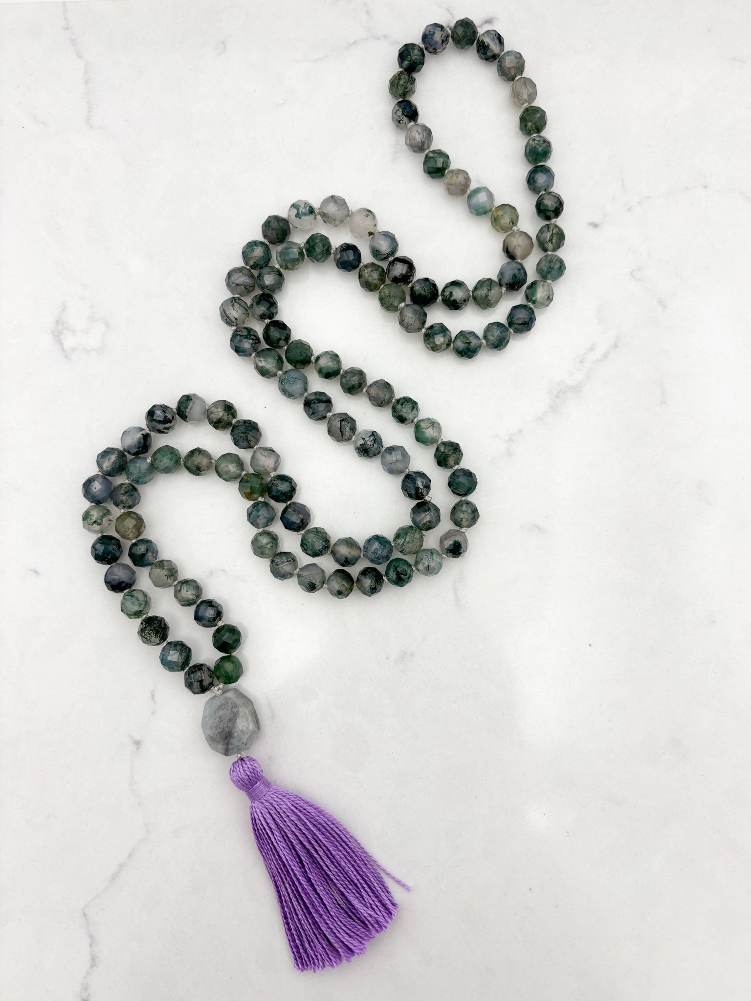 moss agate gemstone mala with aquamarine guru bead and purple tassel | radiant malas | handmade in boulder, colorado