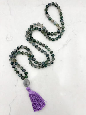 moss agate gemstone mala with aquamarine guru bead and purple tassel | radiant malas | handmade in boulder, colorado