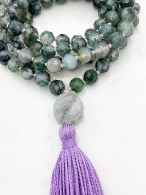 moss agate gemstone mala with aquamarine guru bead and purple tassel | radiant malas | handmade in boulder, colorado