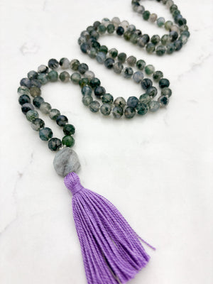 moss agate gemstone mala with aquamarine guru bead and purple tassel | radiant malas | handmade in boulder, colorado