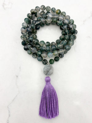 moss agate gemstone mala with aquamarine guru bead and purple tassel | radiant malas | handmade in boulder, colorado