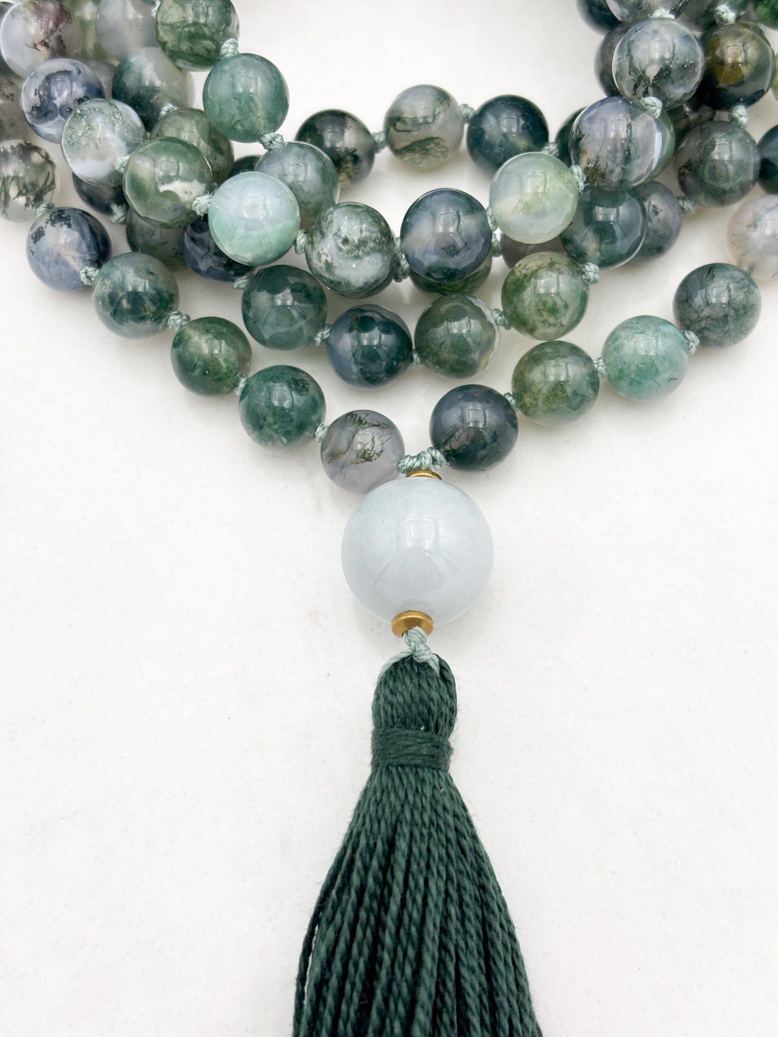 moss agate gemstone mala with burma jade guru bead and green tassel | radiant malas | handmade in boulder, colorado