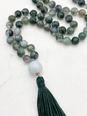 moss agate gemstone mala with burma jade guru bead and green tassel | radiant malas | handmade in boulder, colorado
