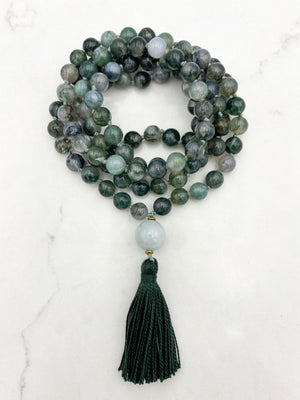 moss agate gemstone mala with burma jade guru bead and green tassel | radiant malas | handmade in boulder, colorado