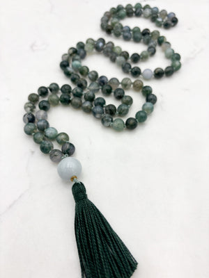 moss agate gemstone mala with burma jade guru bead and green tassel | radiant malas | handmade in boulder, colorado