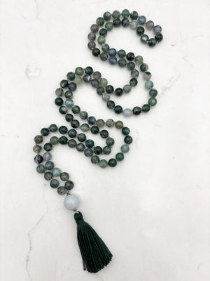 moss agate gemstone mala with burma jade guru bead and green tassel | radiant malas | handmade in boulder, colorado