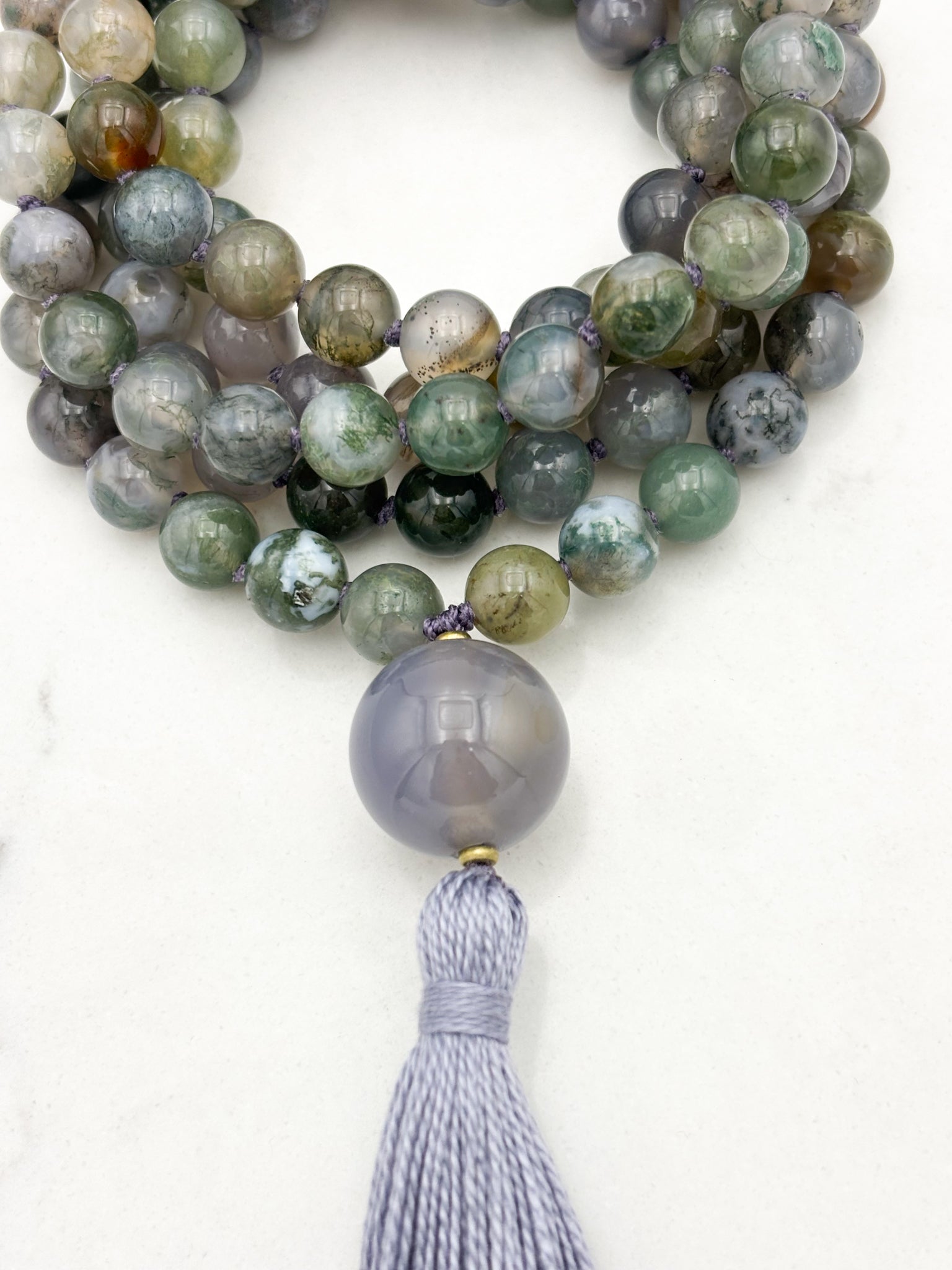 moss agate gemstone mala with chalcedony guru bead and grey tassel | radiant malas | handmade in boulder, colorado