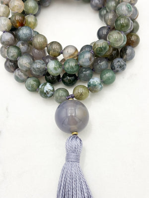 moss agate gemstone mala with chalcedony guru bead and grey tassel | radiant malas | handmade in boulder, colorado