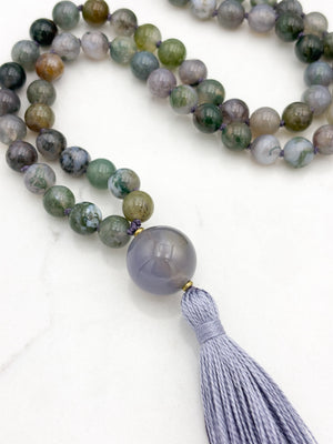 moss agate gemstone mala with chalcedony guru bead and grey tassel | radiant malas | handmade in boulder, colorado