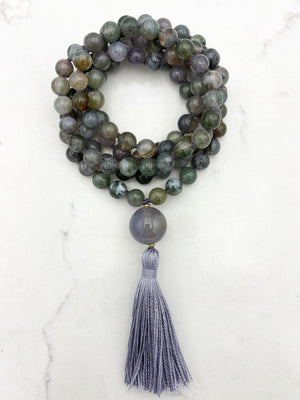 moss agate gemstone mala with chalcedony guru bead and grey tassel | radiant malas | handmade in boulder, colorado
