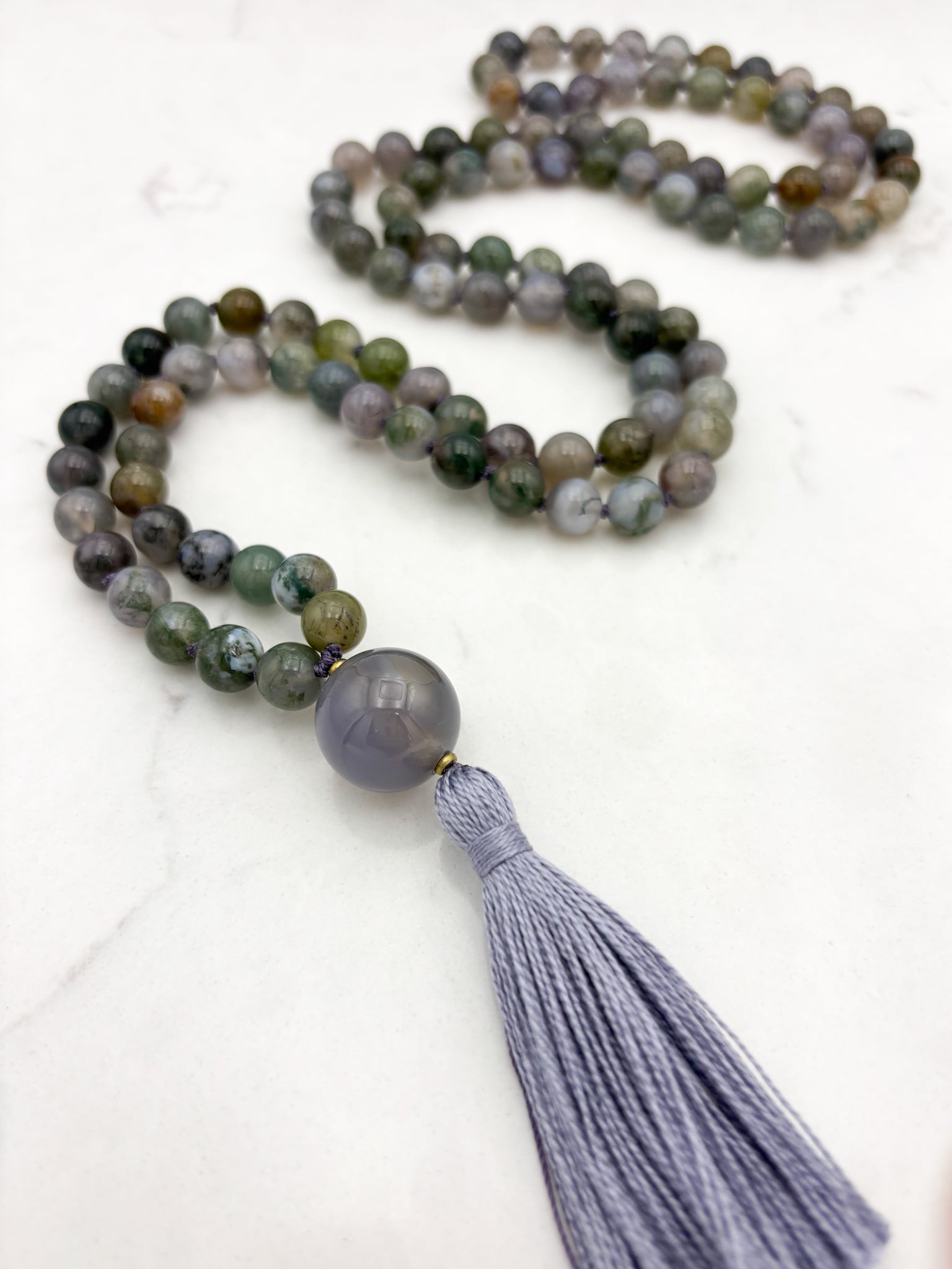 moss agate gemstone mala with chalcedony guru bead and grey tassel | radiant malas | handmade in boulder, colorado