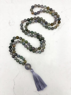 moss agate gemstone mala with chalcedony guru bead and grey tassel | radiant malas | handmade in boulder, colorado